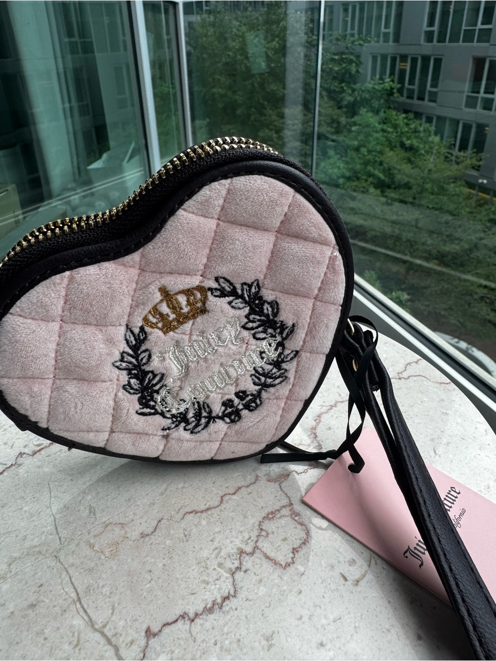 Juicy Couture Pink Quilted Heart Wristlet with Gold Crown Embroidery